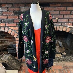 Lulu Bravo Floral Embroidered Black Wool Cardigan Sweater size L / XL